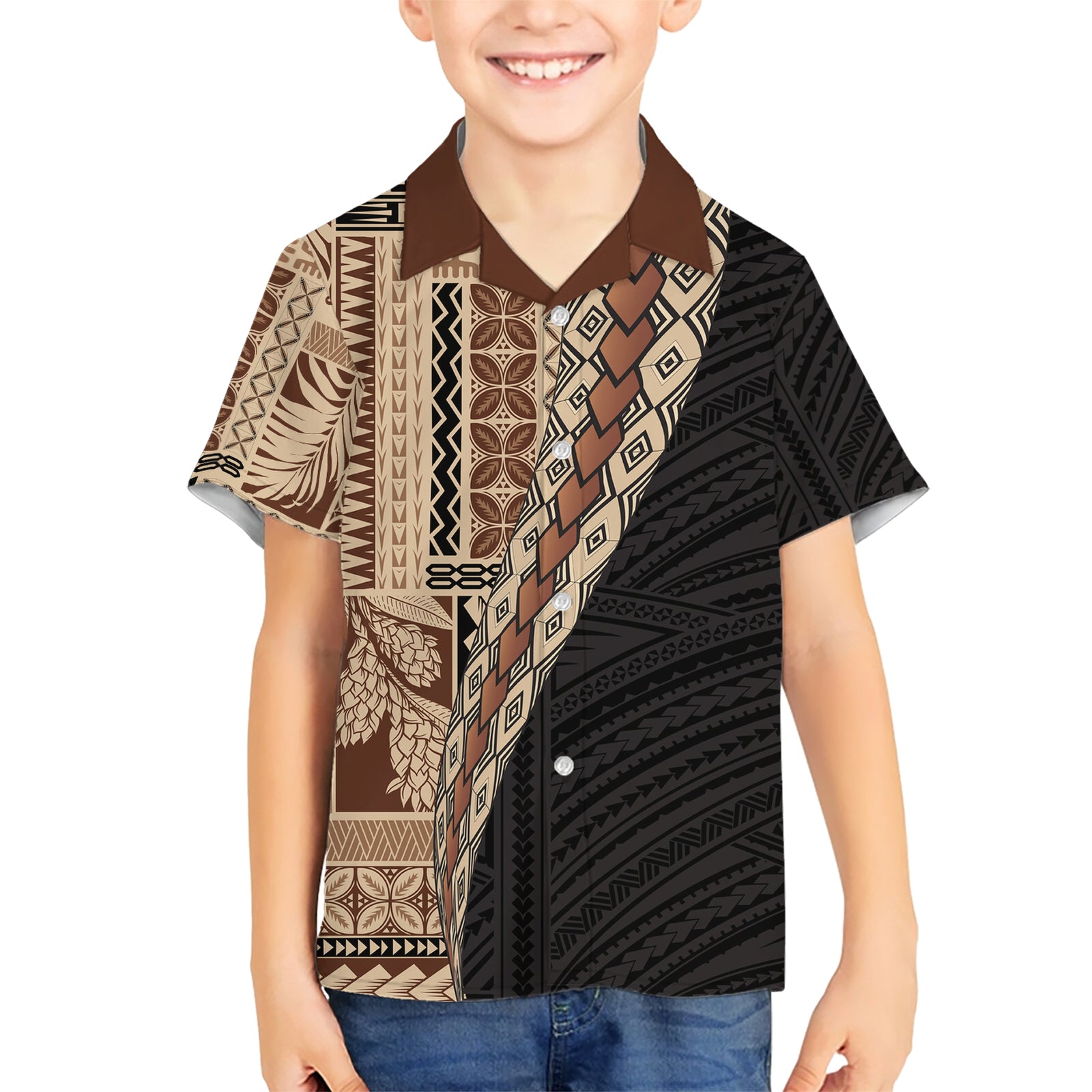 Samoa Siapo Motif Half Style Kid Hawaiian Shirt Brown Version LT03 Kid Brown - Polynesian Pride