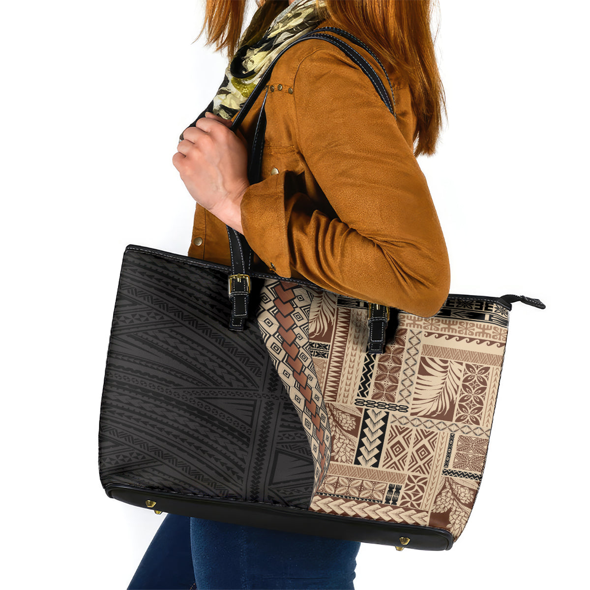 Samoa Siapo Motif Half Style Leather Tote Bag Brown Version LT03 Brown - Polynesian Pride