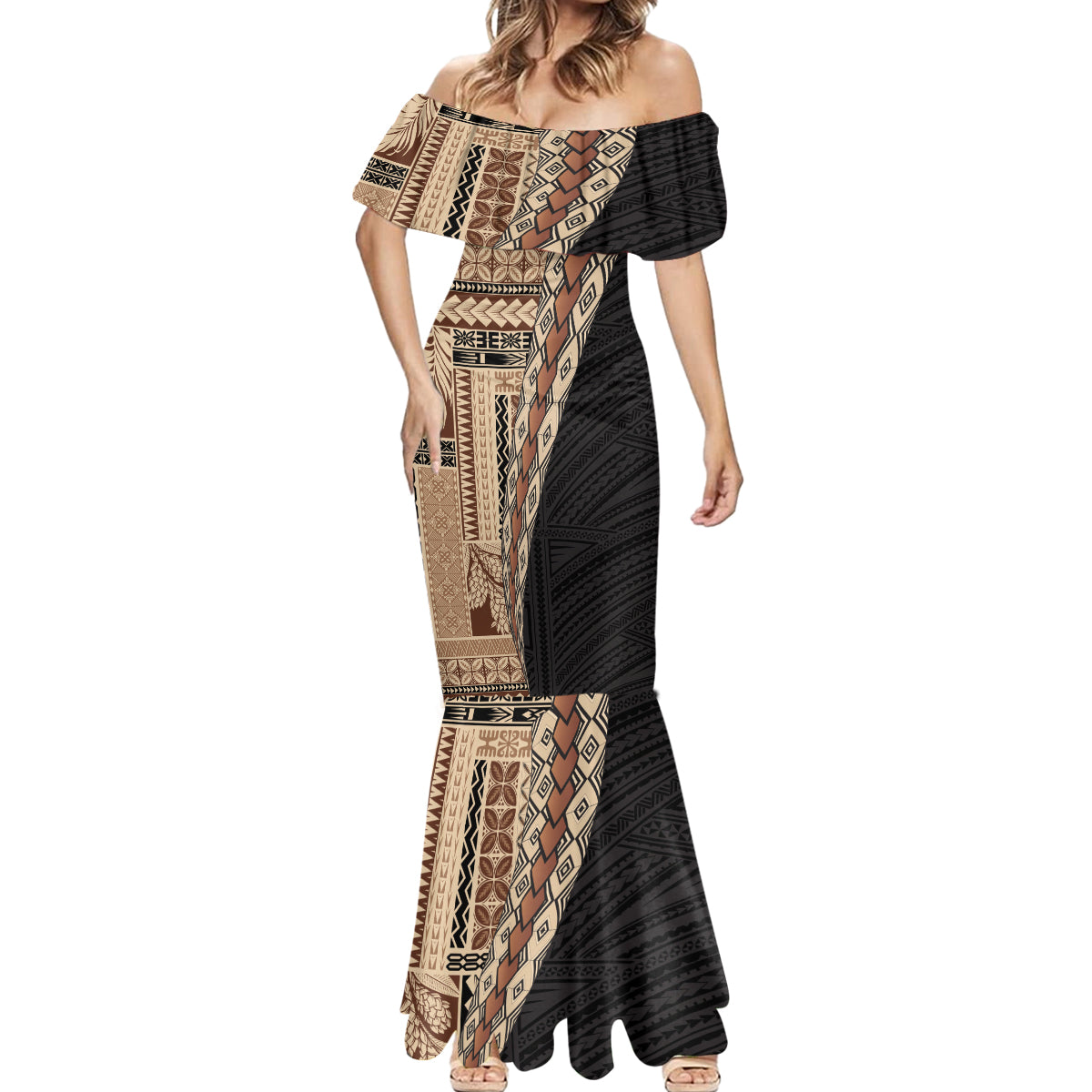 Samoa Siapo Motif Half Style Mermaid Dress Brown Version