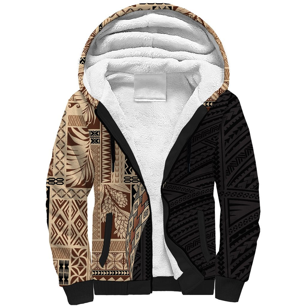 Samoa Siapo Motif Half Style Sherpa Hoodie Brown Version LT03 Unisex Brown - Polynesian Pride