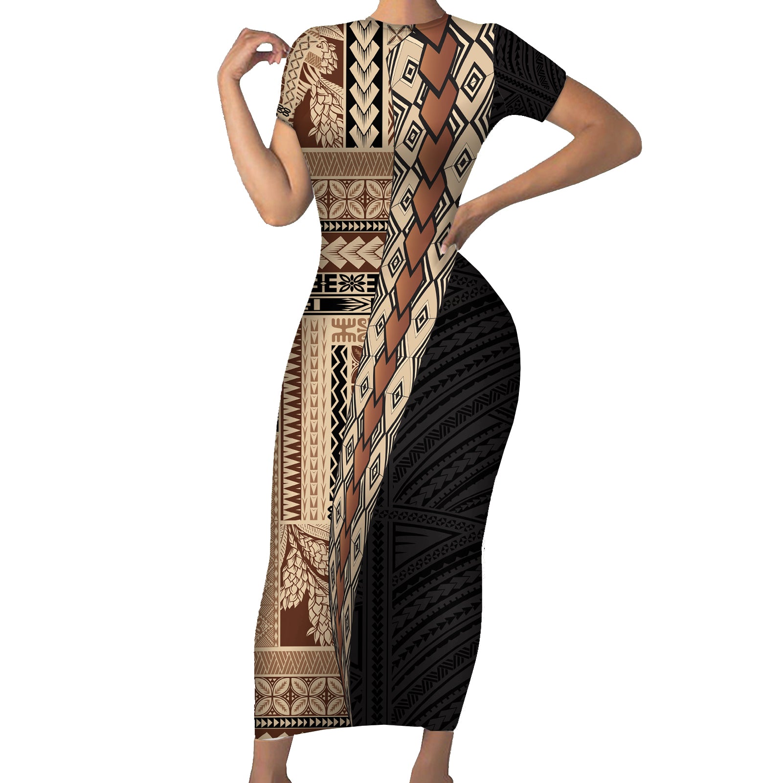 Samoa Siapo Motif Half Style Short Sleeve Bodycon Dress Brown Version