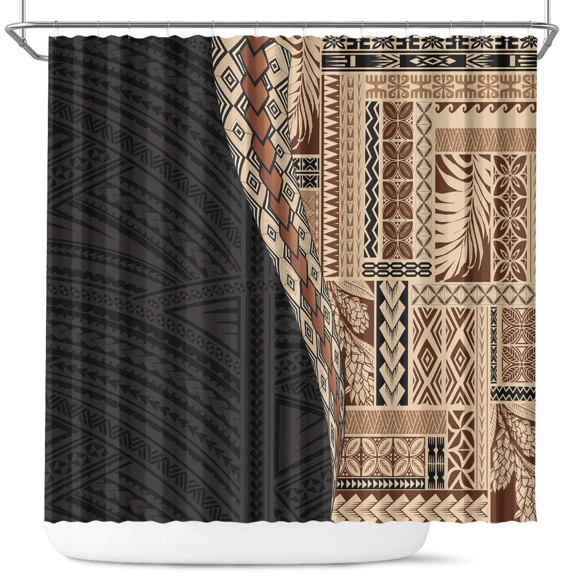 Samoa Siapo Motif Half Style Shower Curtain Brown Version LT03 Brown - Polynesian Pride