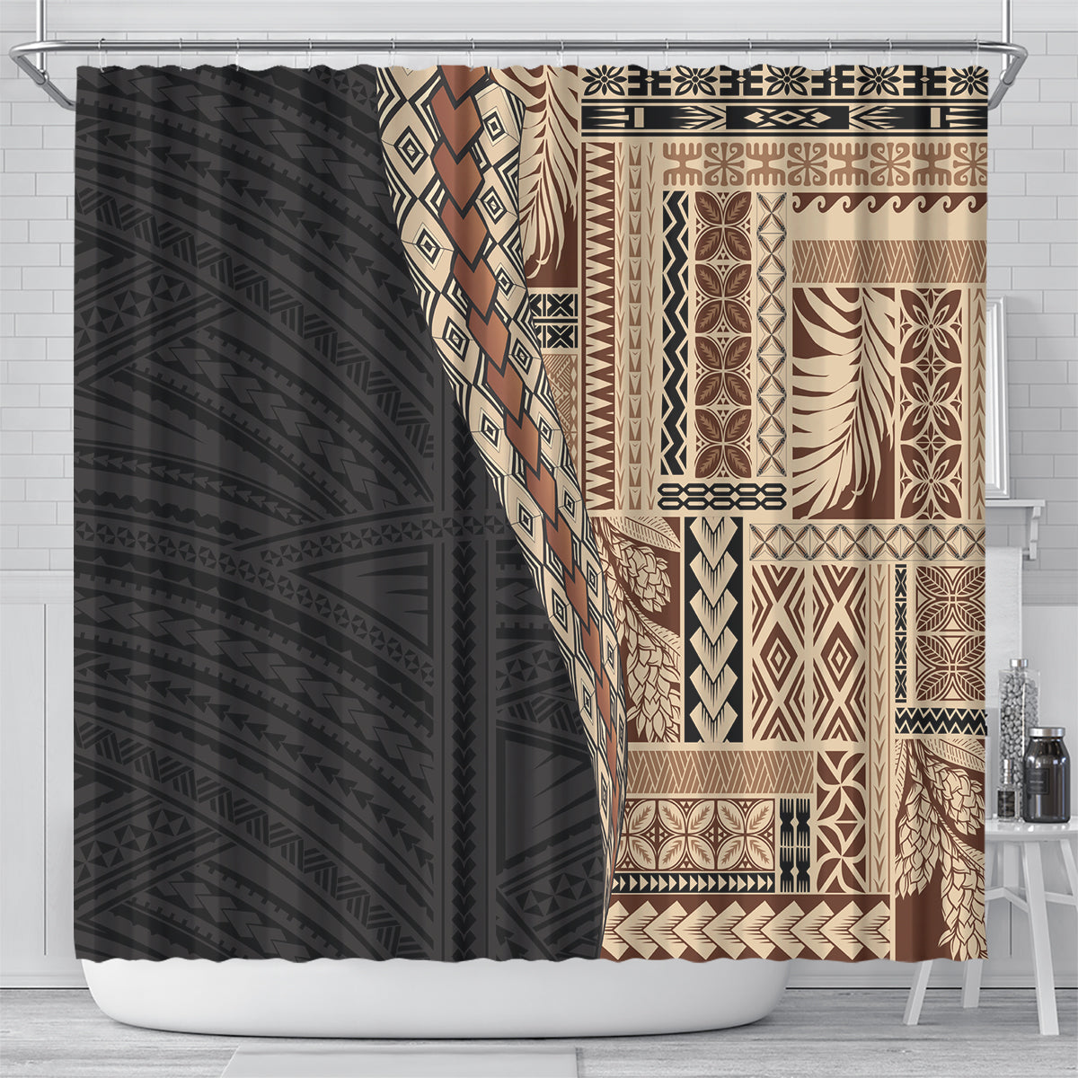 Samoa Siapo Motif Half Style Shower Curtain Brown Version