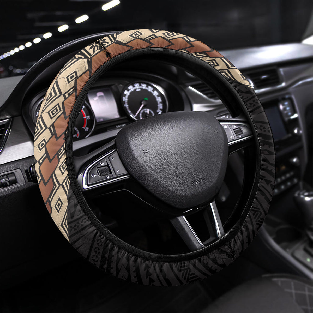 Samoa Siapo Motif Half Style Steering Wheel Cover Brown Version LT03 Universal Fit Brown - Polynesian Pride