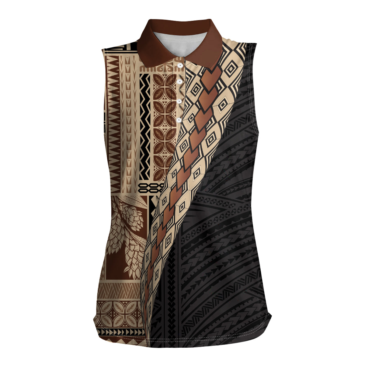 Samoa Siapo Motif Half Style Women Sleeveless Polo Shirt Brown Version LT03 Female Brown - Polynesian Pride