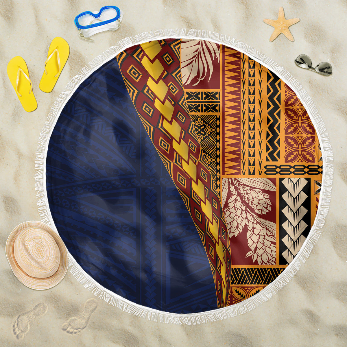 Samoa Siapo Motif Half Style Beach Blanket Colorful Version LT03 One Size 150cm Yellow - Polynesian Pride