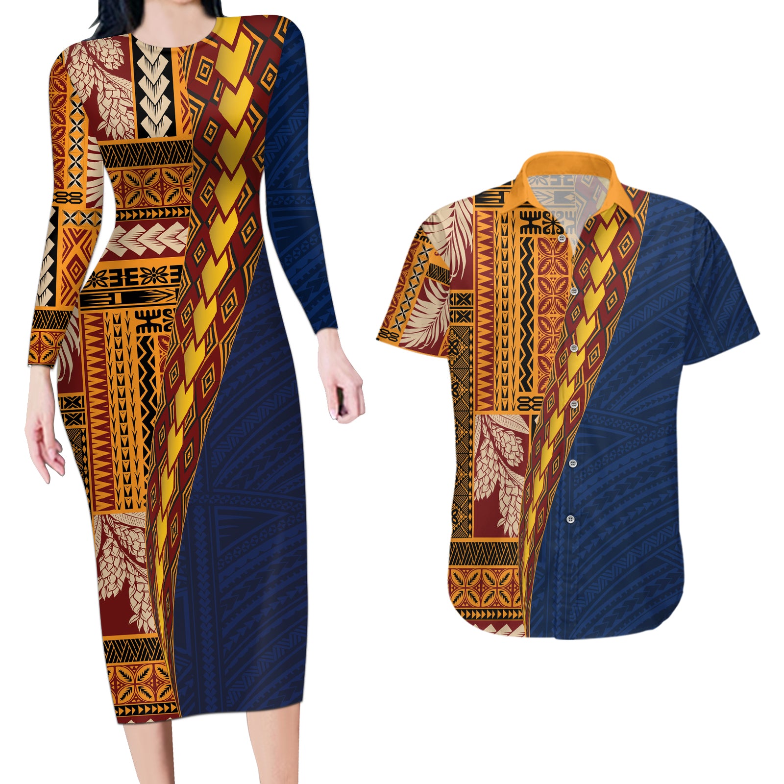 Samoa Siapo Motif Half Style Couples Matching Long Sleeve Bodycon Dress and Hawaiian Shirt Colorful Version LT03 Yellow - Polynesian Pride