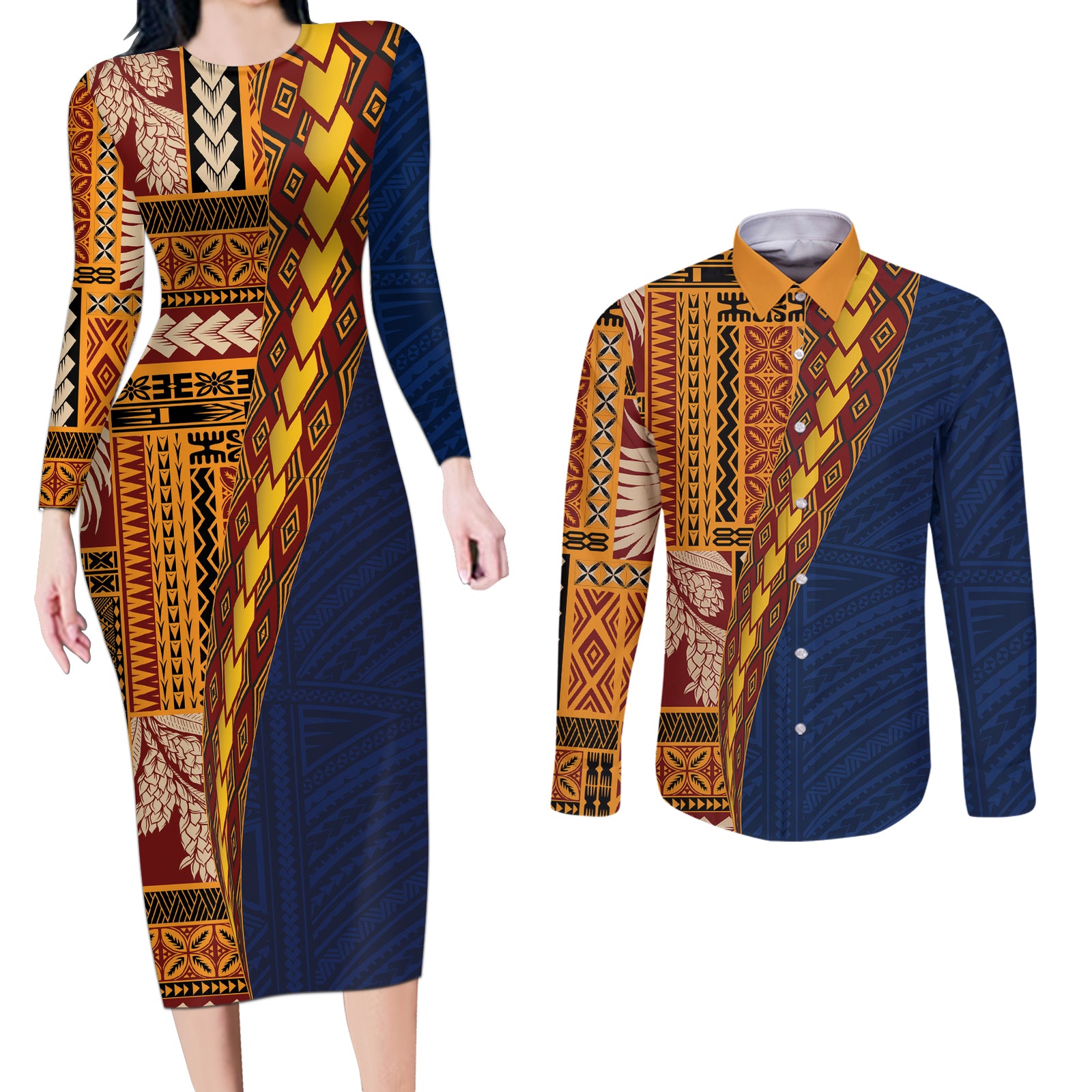 Samoa Siapo Motif Half Style Couples Matching Long Sleeve Bodycon Dress and Long Sleeve Button Shirt Colorful Version LT03 Yellow - Polynesian Pride