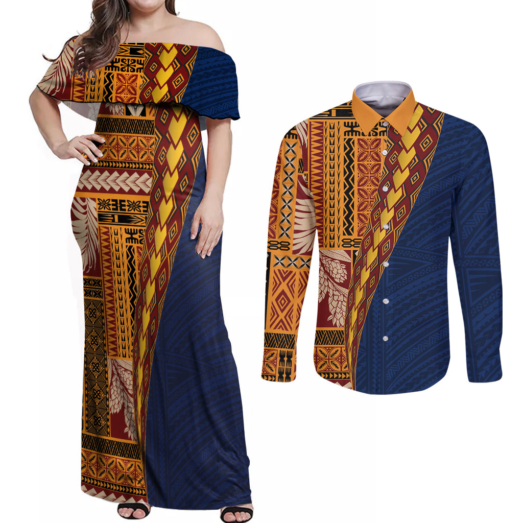 Samoa Siapo Motif Half Style Couples Matching Off Shoulder Maxi Dress and Long Sleeve Button Shirt Colorful Version LT03 Yellow - Polynesian Pride