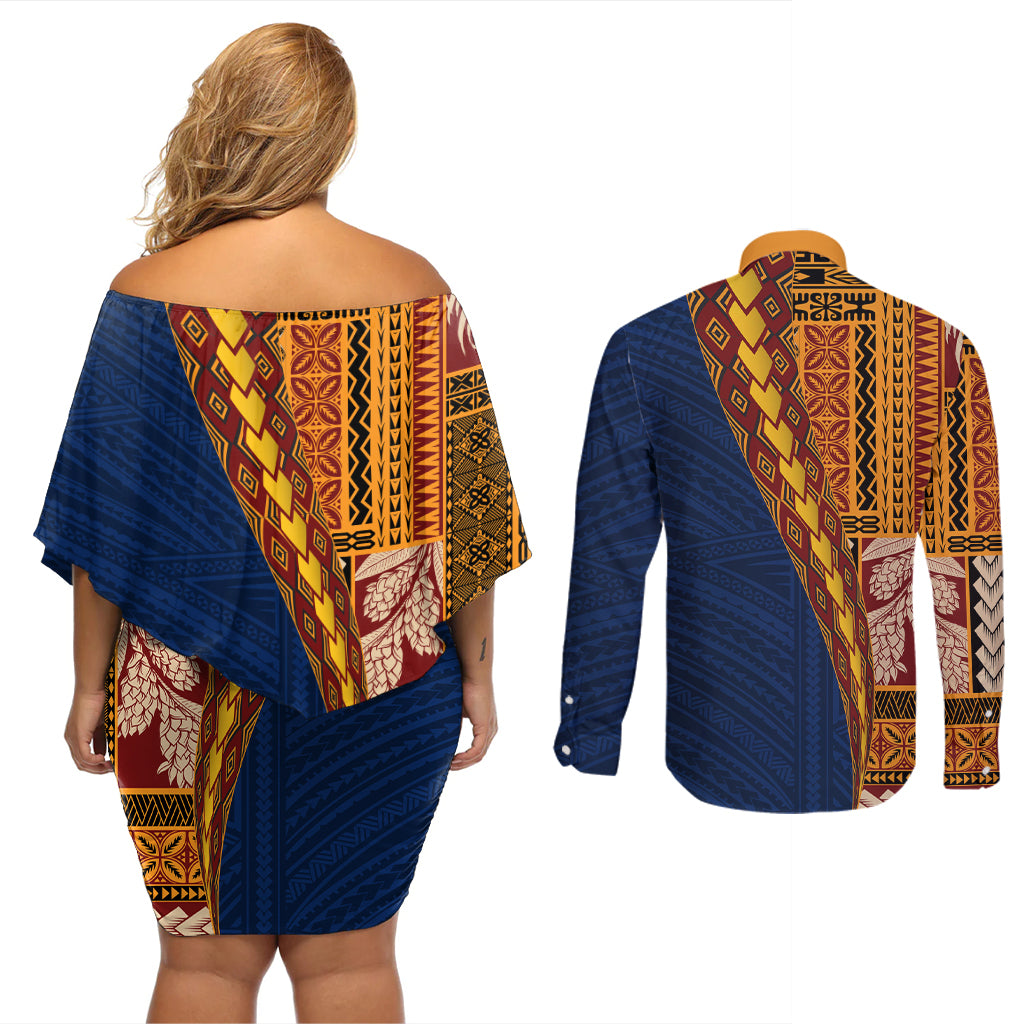 Samoa Siapo Motif Half Style Couples Matching Off Shoulder Short Dress and Long Sleeve Button Shirt Colorful Version