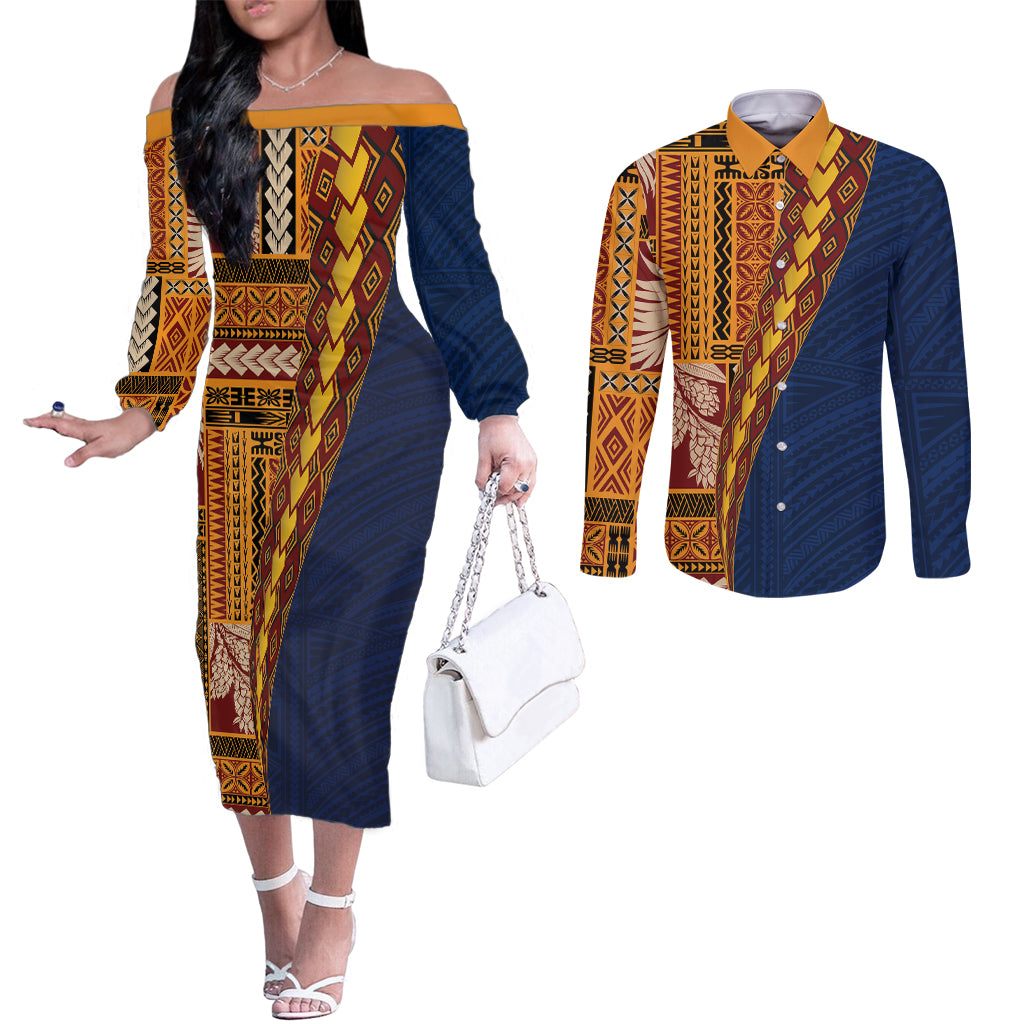 Samoa Siapo Motif Half Style Couples Matching Off The Shoulder Long Sleeve Dress and Long Sleeve Button Shirt Colorful Version LT03 Yellow - Polynesian Pride