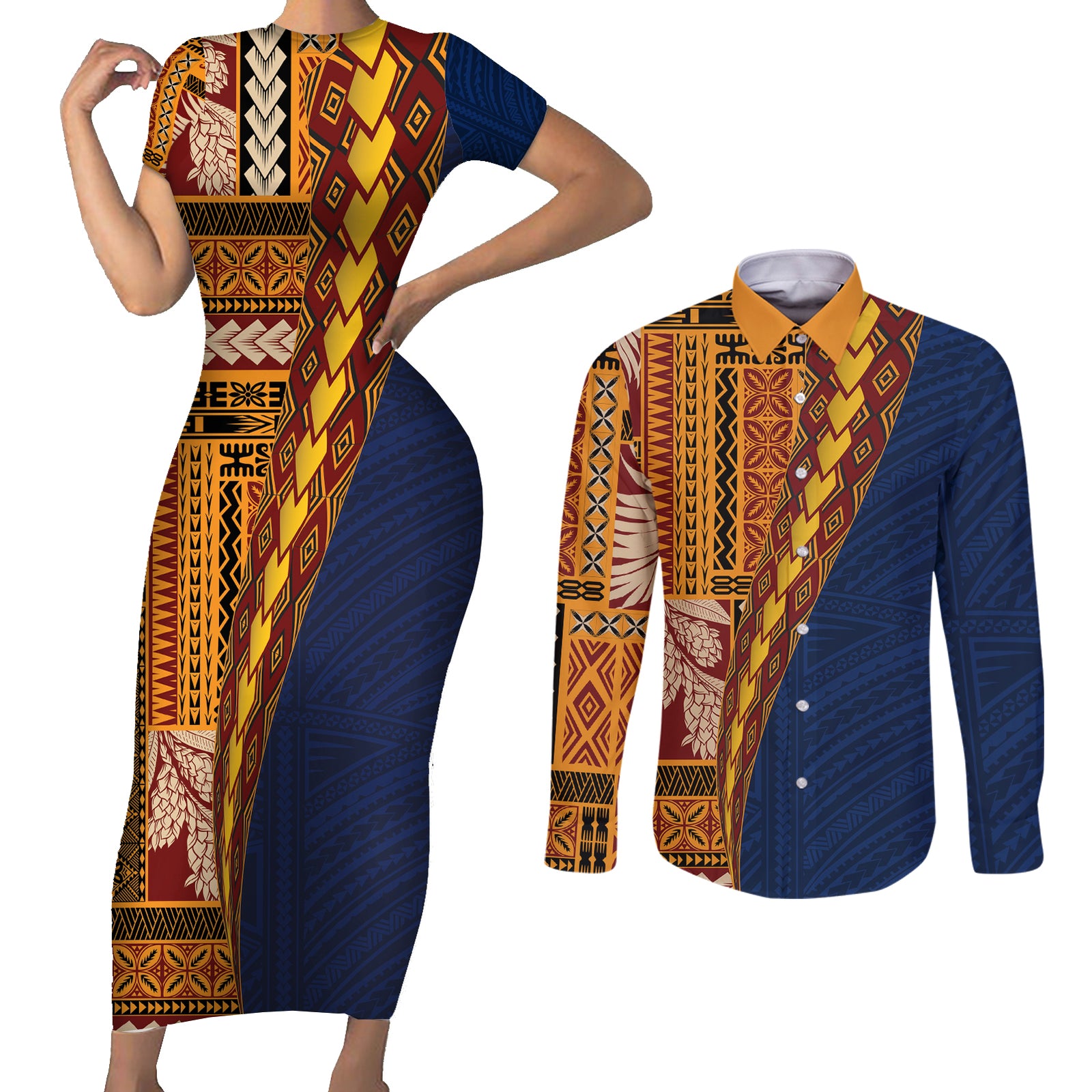 Samoa Siapo Motif Half Style Couples Matching Short Sleeve Bodycon Dress and Long Sleeve Button Shirt Colorful Version LT03 Yellow - Polynesian Pride
