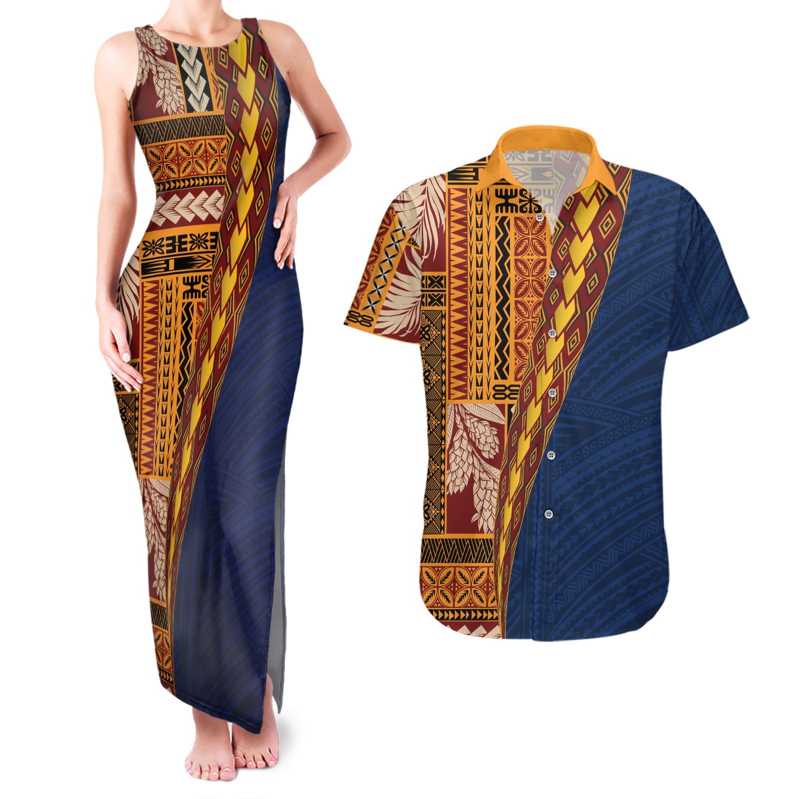 Samoa Siapo Motif Half Style Couples Matching Tank Maxi Dress and Hawaiian Shirt Colorful Version LT03 Yellow - Polynesian Pride