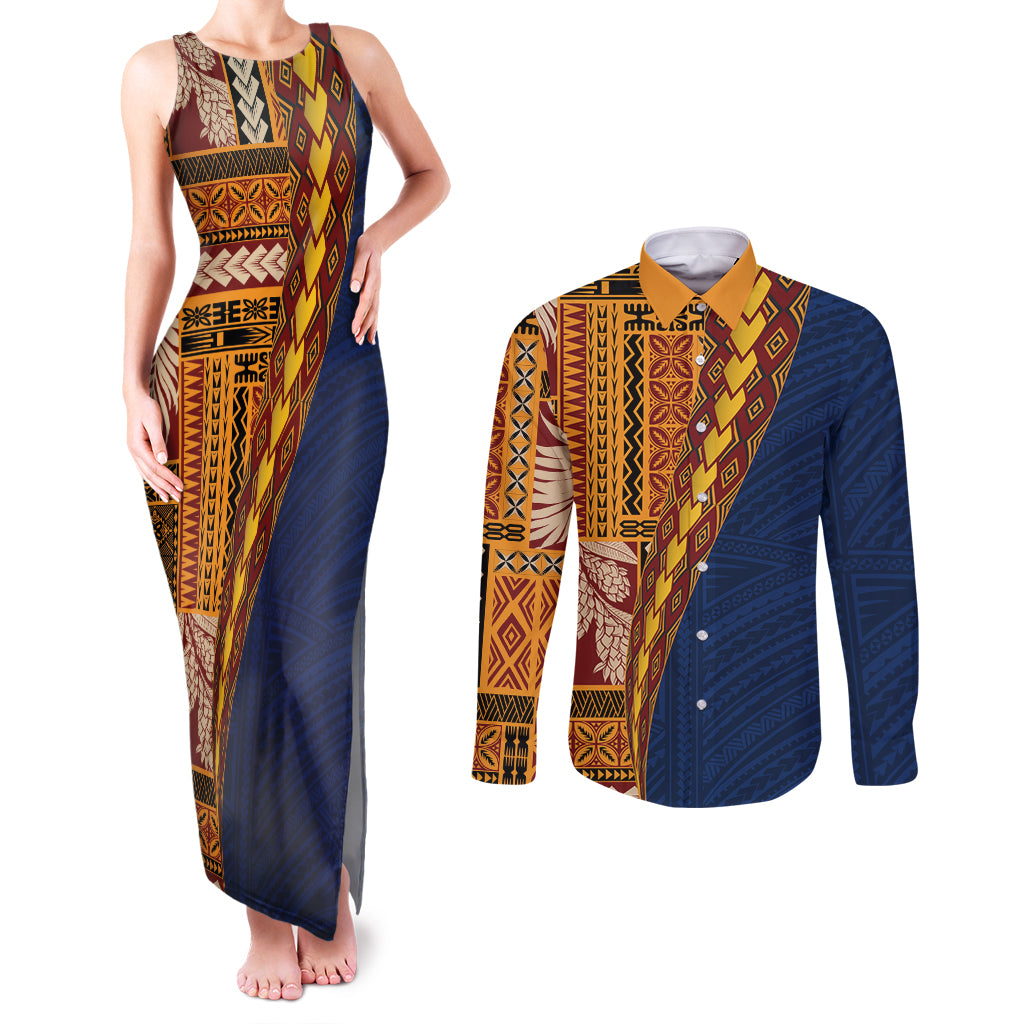Samoa Siapo Motif Half Style Couples Matching Tank Maxi Dress and Long Sleeve Button Shirt Colorful Version LT03 Yellow - Polynesian Pride