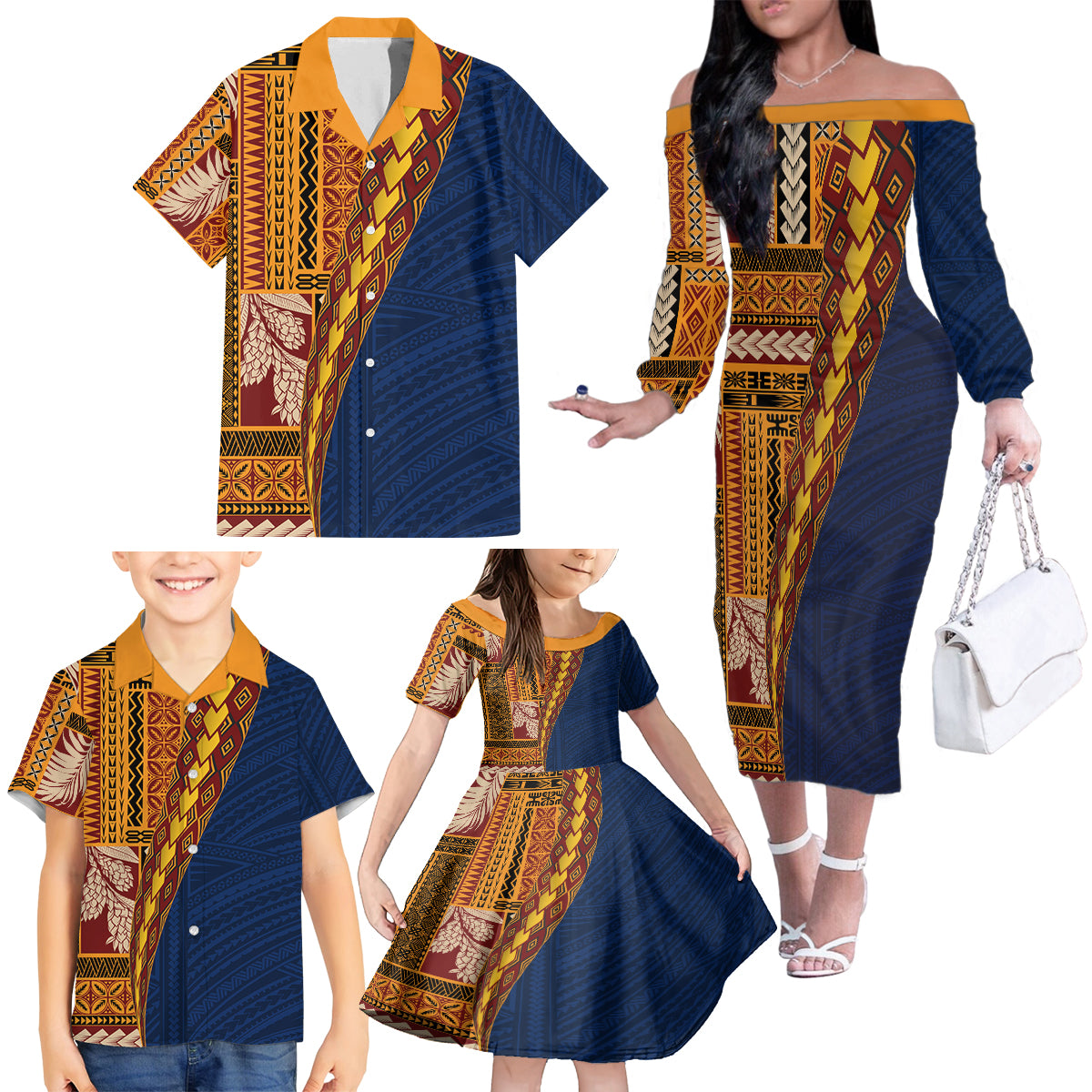 Samoa Siapo Motif Half Style Family Matching Off The Shoulder Long Sleeve Dress and Hawaiian Shirt Colorful Version LT03 - Polynesian Pride