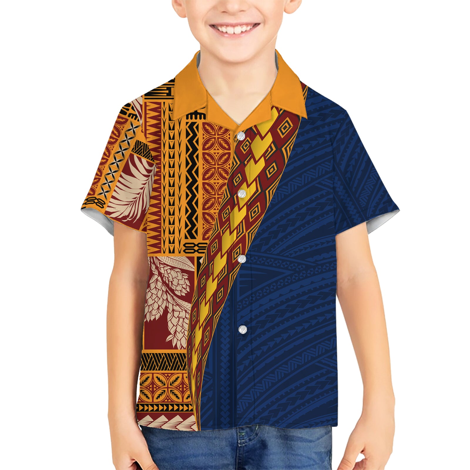 Samoa Siapo Motif Half Style Kid Hawaiian Shirt Colorful Version LT03 Kid Yellow - Polynesian Pride