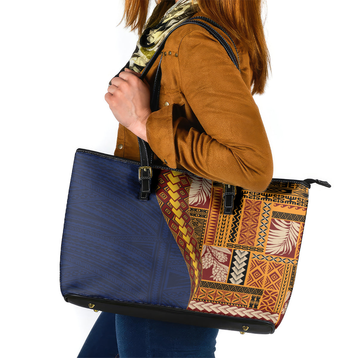 Samoa Siapo Motif Half Style Leather Tote Bag Colorful Version LT03 Yellow - Polynesian Pride
