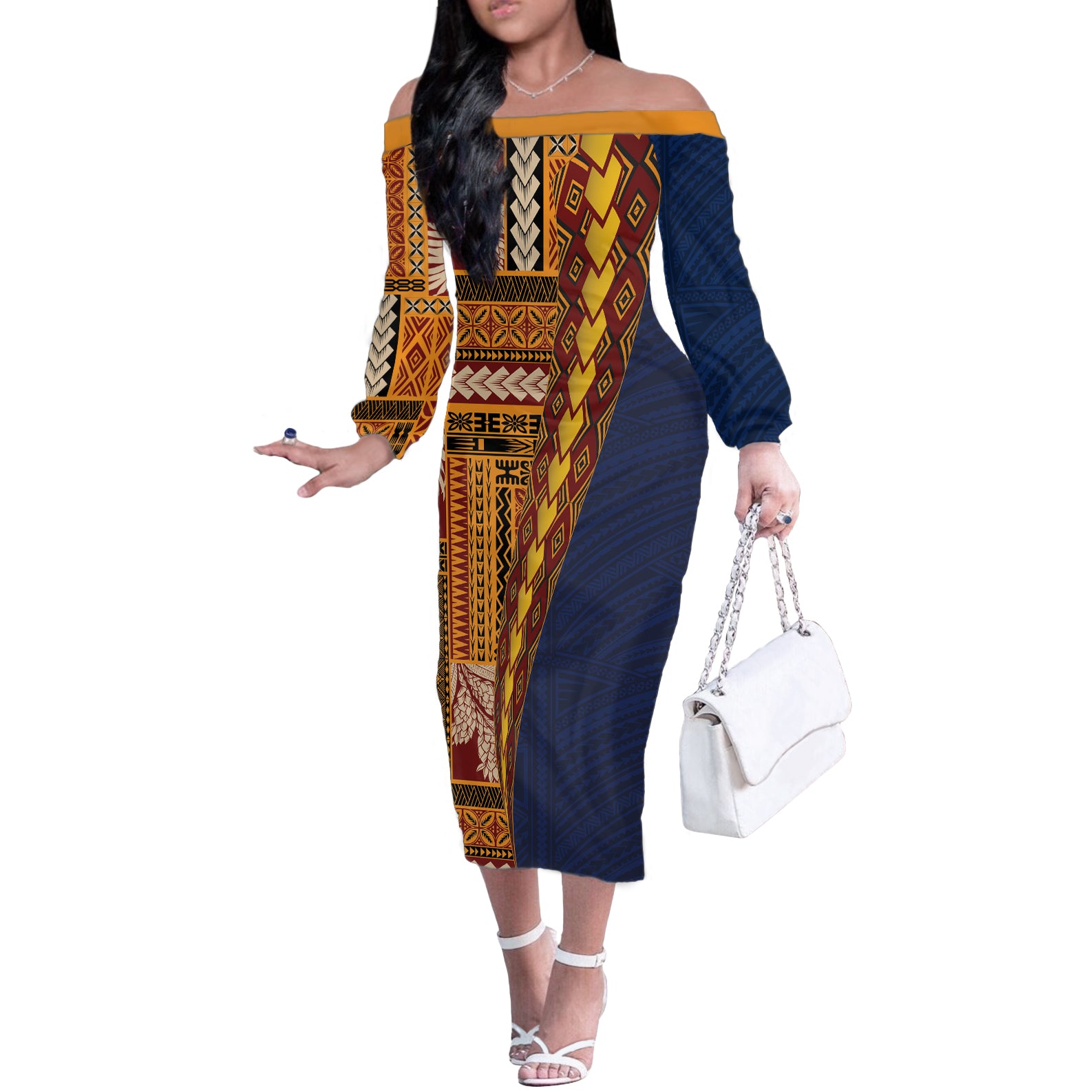 Samoa Siapo Motif Half Style Off The Shoulder Long Sleeve Dress Colorful Version