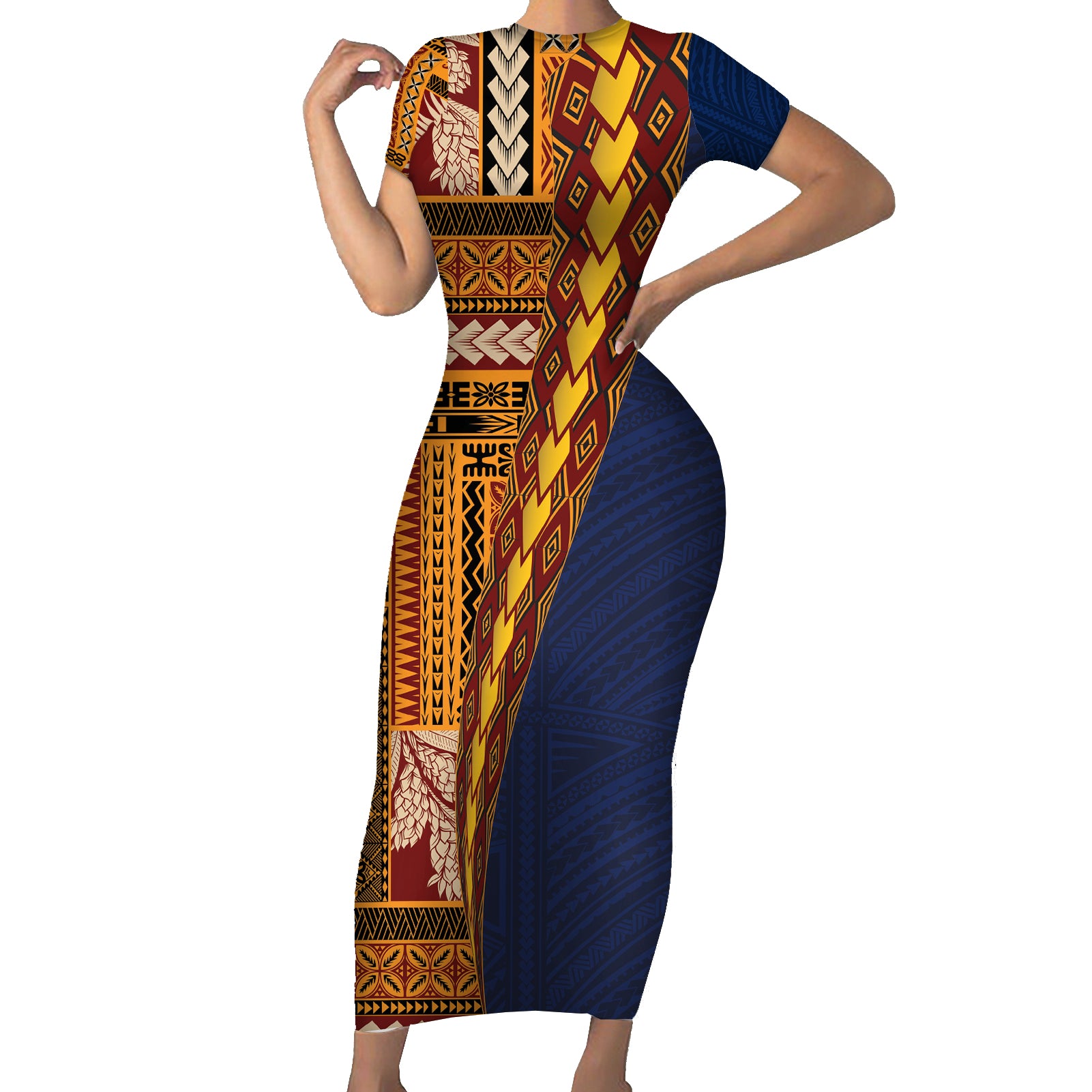 Samoa Siapo Motif Half Style Short Sleeve Bodycon Dress Colorful Version