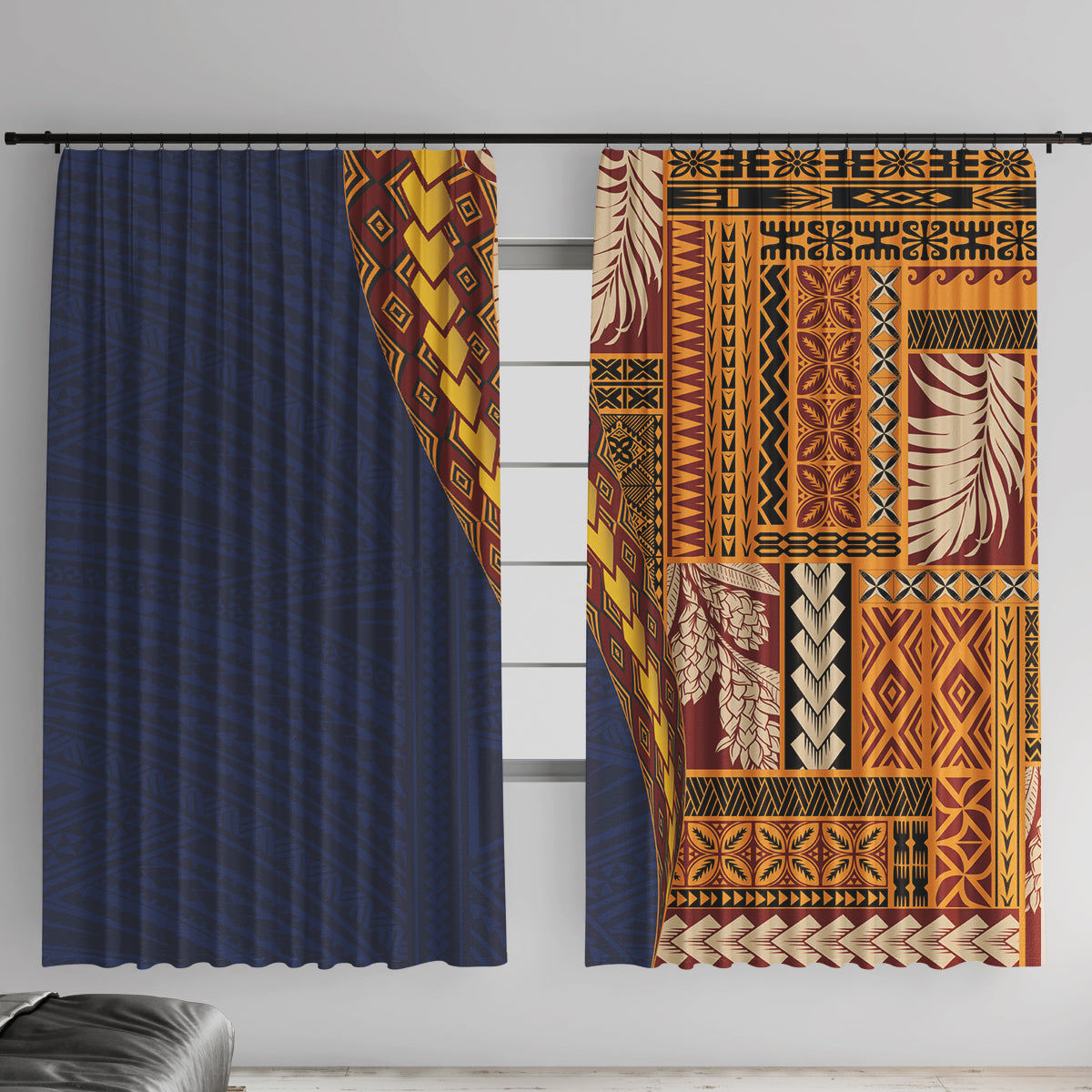Samoa Siapo Motif Half Style Window Curtain Colorful Version LT03 With Hooks Yellow - Polynesian Pride