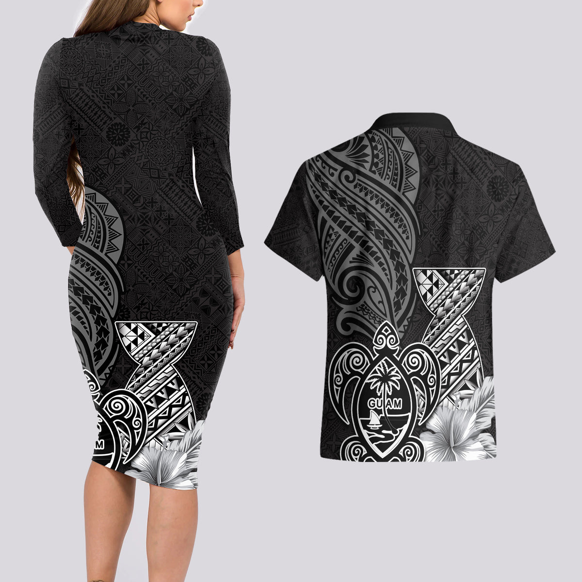 Guam Latte Stone Chamorro Culture Couples Matching Long Sleeve Bodycon Dress and Hawaiian Shirt Tapa Pattern