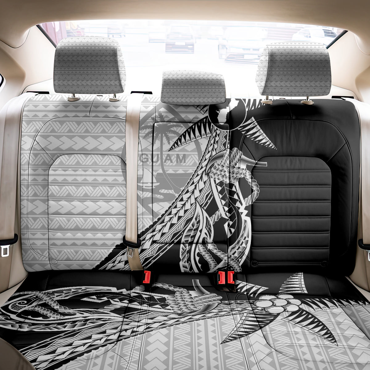 Guam Fish Hook and Palm Tree Back Car Seat Cover Polynesian Pattern Half Style