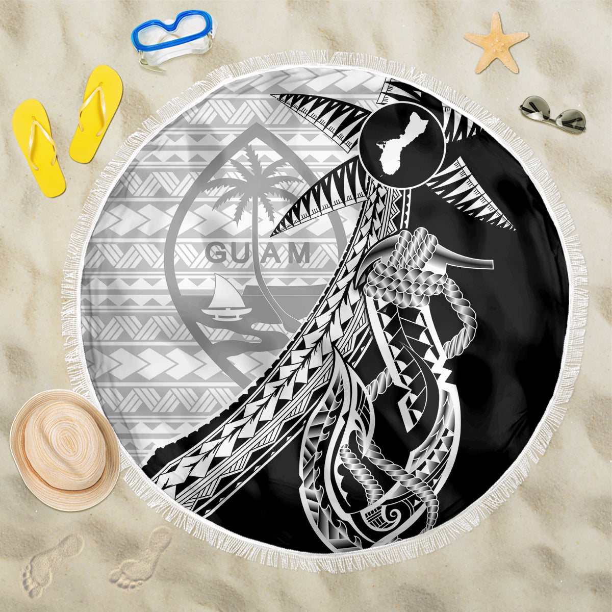 Guam Fish Hook and Palm Tree Lavalava Polynesian Pattern Half Style LT
