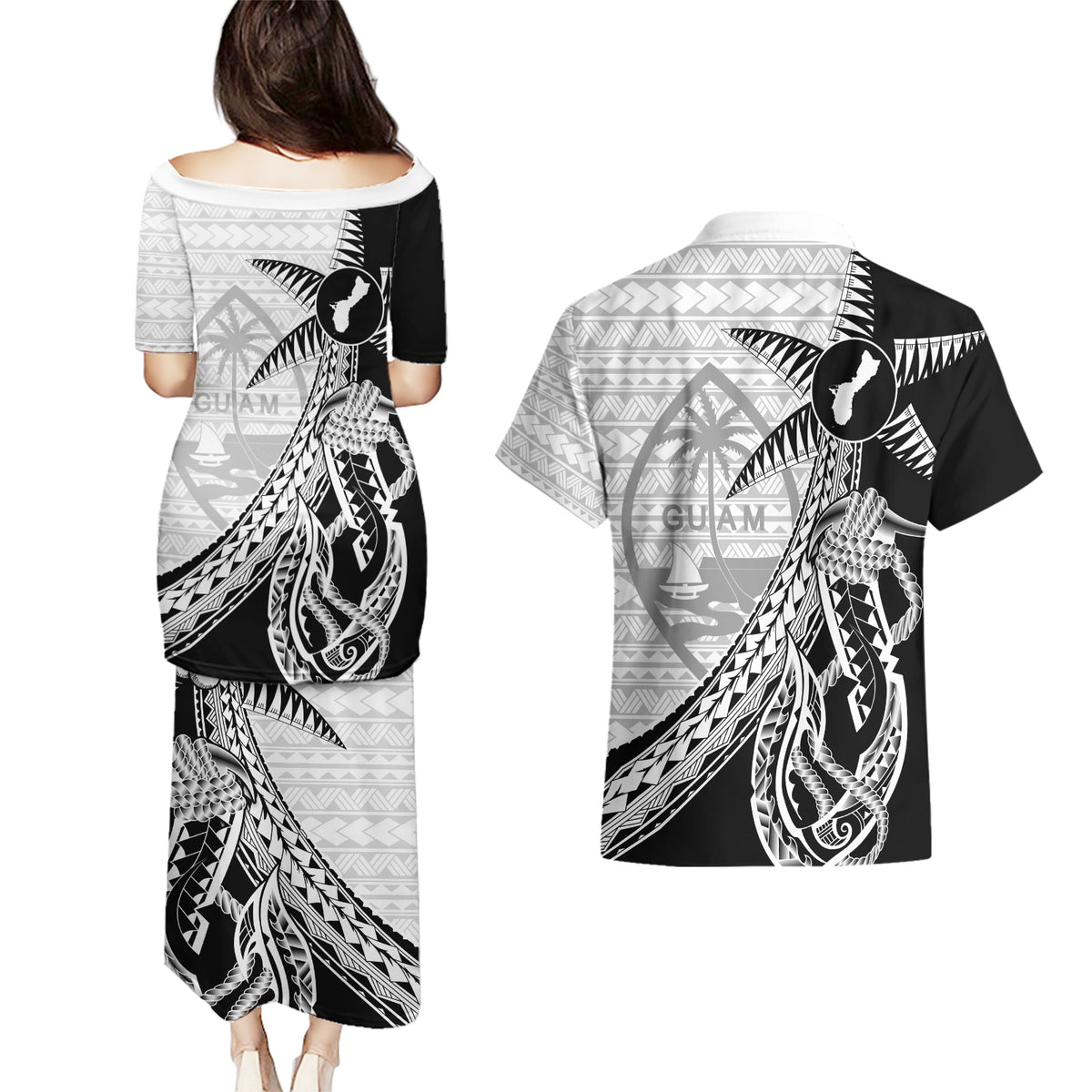 Guam Fish Hook and Palm Tree Couples Matching Puletasi and Hawaiian Shirt Polynesian Pattern Half Style