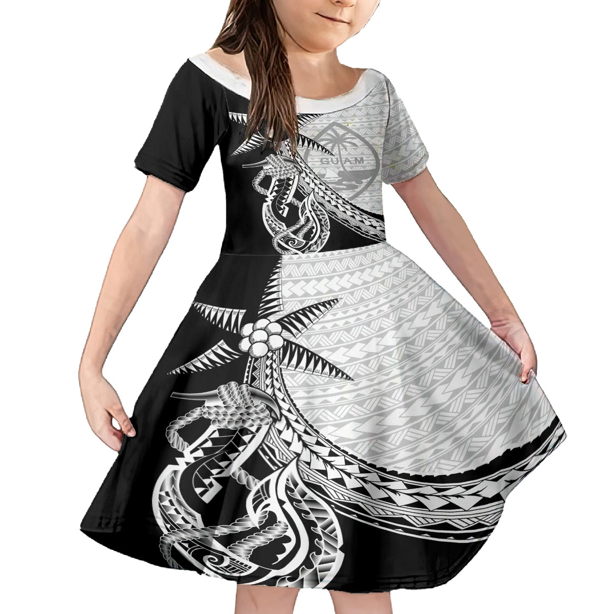 Guam Fish Hook and Palm Tree Family Matching Long Sleeve Bodycon Dress and Hawaiian Shirt Polynesian Pattern Half Style LT03 Daughter's Dress White - Polynesian Pride