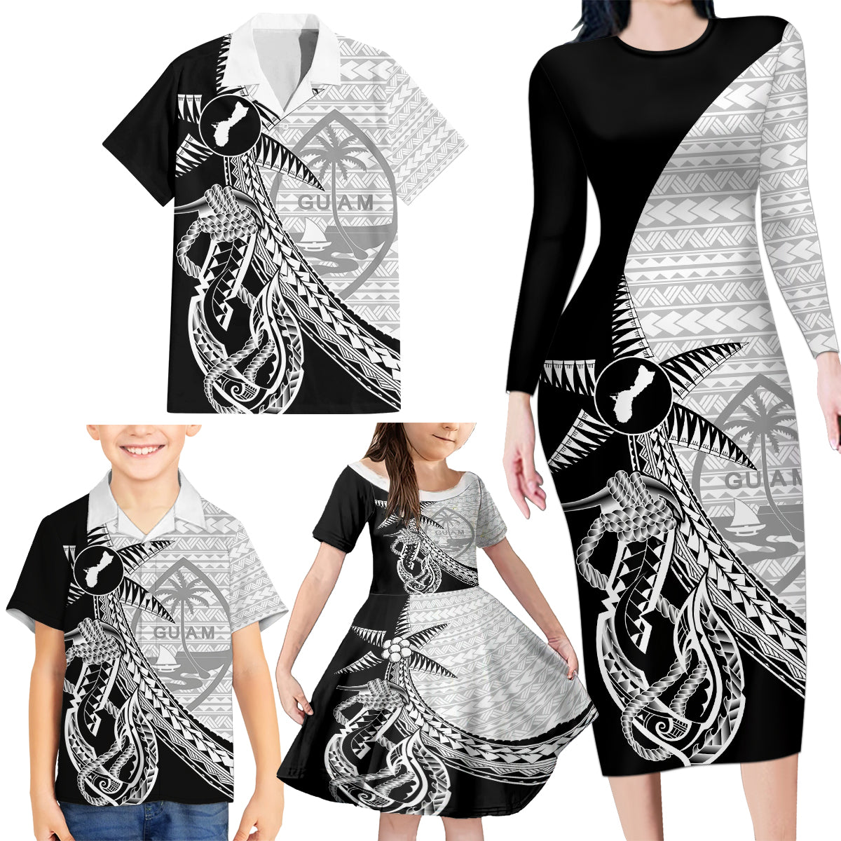 Guam Fish Hook and Palm Tree Family Matching Long Sleeve Bodycon Dress and Hawaiian Shirt Polynesian Pattern Half Style LT03 - Polynesian Pride