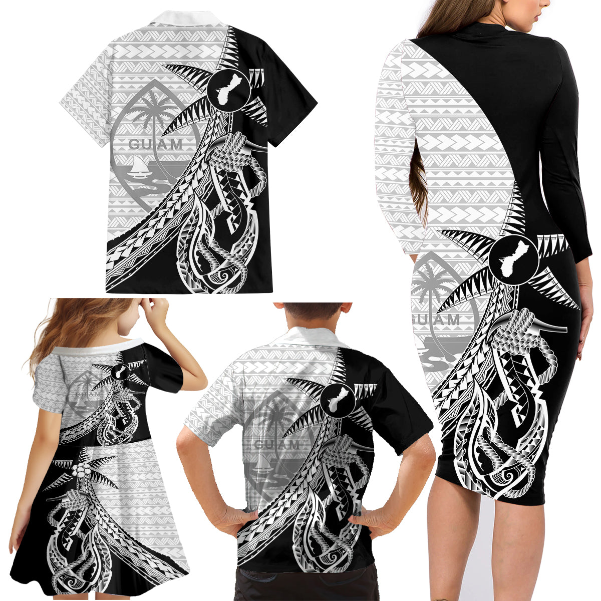 Guam Fish Hook and Palm Tree Family Matching Long Sleeve Bodycon Dress and Hawaiian Shirt Polynesian Pattern Half Style LT03 - Polynesian Pride