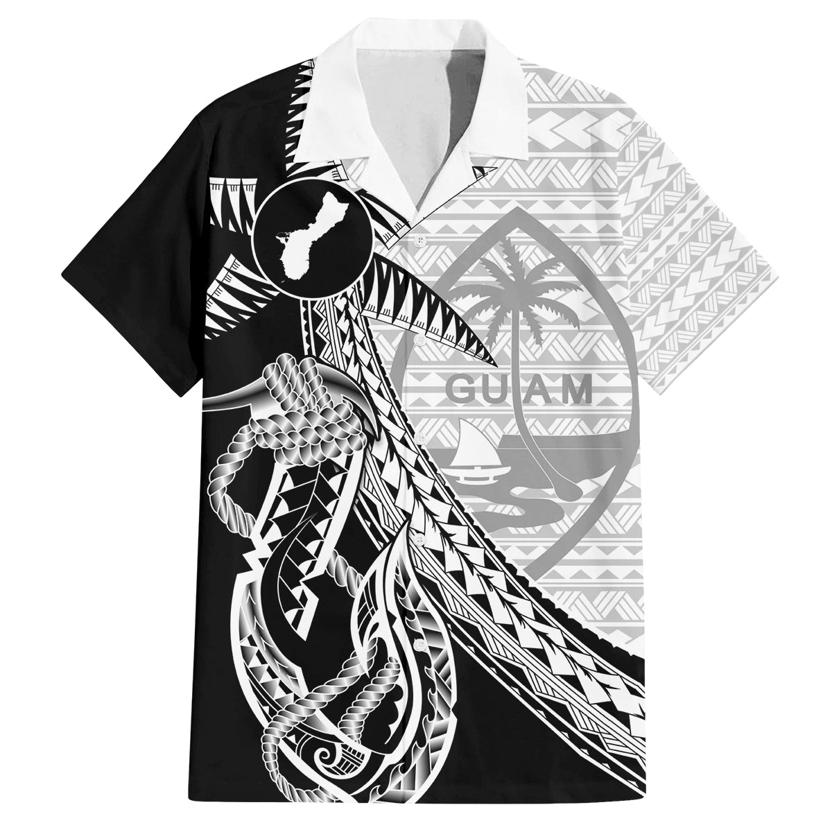 Guam Fish Hook and Palm Tree Family Matching Long Sleeve Bodycon Dress and Hawaiian Shirt Polynesian Pattern Half Style LT03 Dad's Shirt - Short Sleeve White - Polynesian Pride