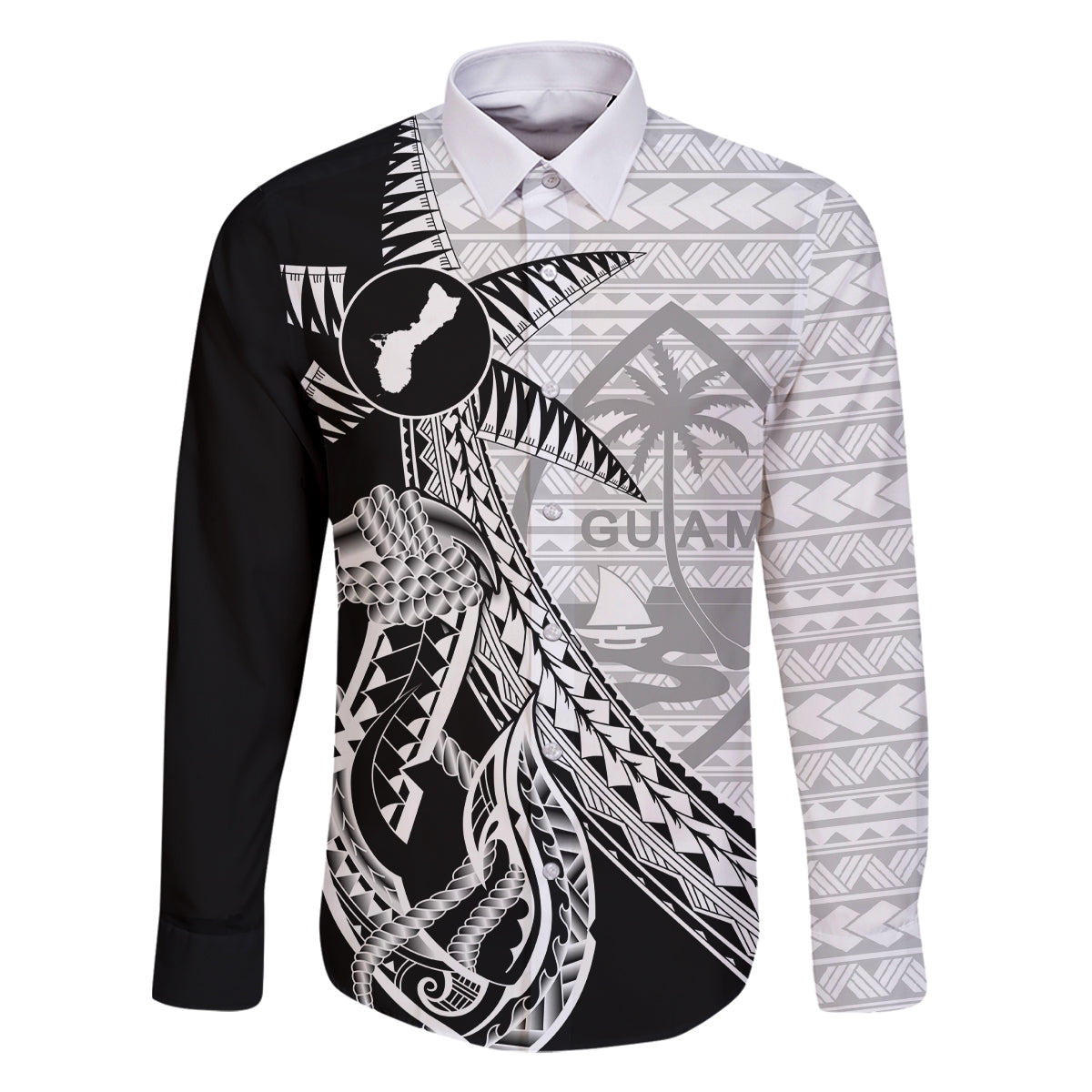 Guam Fish Hook and Palm Tree Family Matching Long Sleeve Bodycon Dress and Hawaiian Shirt Polynesian Pattern Half Style LT03 Dad's Shirt - Long Sleeve White - Polynesian Pride