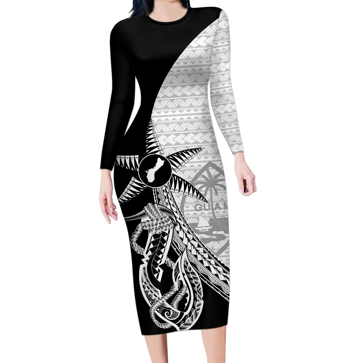 Guam Fish Hook and Palm Tree Family Matching Long Sleeve Bodycon Dress and Hawaiian Shirt Polynesian Pattern Half Style LT03 Mom's Dress White - Polynesian Pride