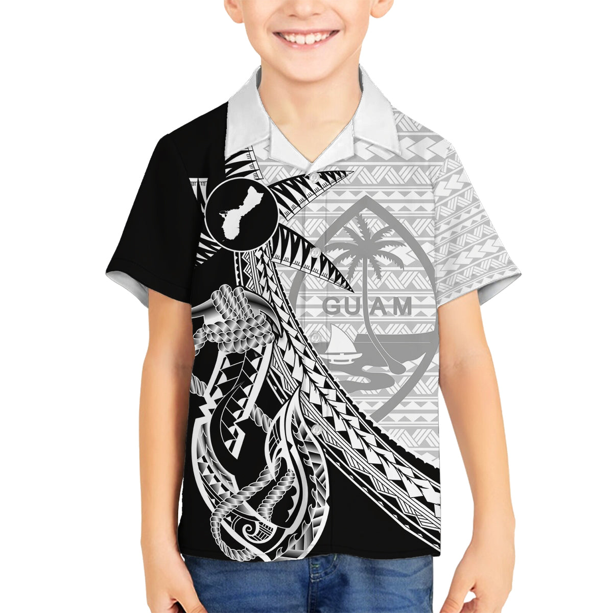 Guam Fish Hook and Palm Tree Family Matching Long Sleeve Bodycon Dress and Hawaiian Shirt Polynesian Pattern Half Style LT03 Son's Shirt White - Polynesian Pride
