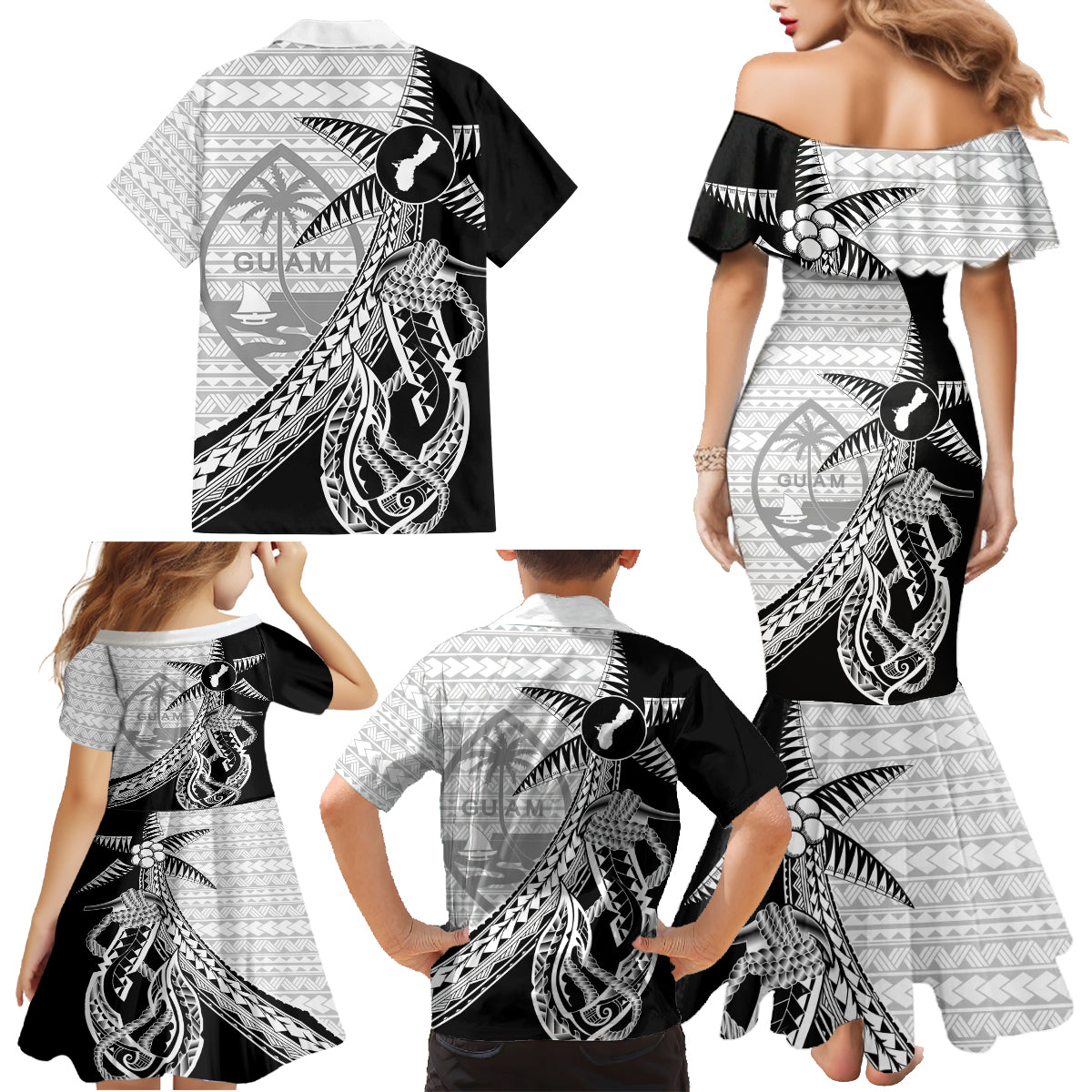Guam Fish Hook and Palm Tree Family Matching Mermaid Dress and Hawaiian Shirt Polynesian Pattern Half Style