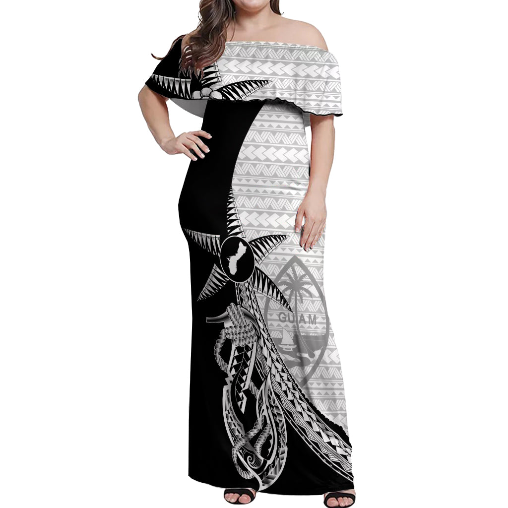 Guam Fish Hook and Palm Tree Off Shoulder Maxi Dress Polynesian Patter