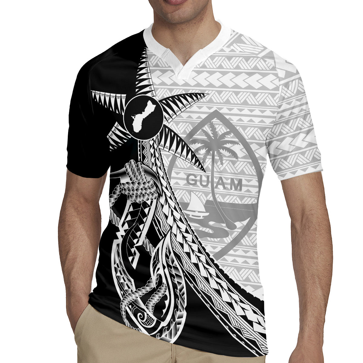 Guam Fish Hook and Palm Tree Rugby Jersey Polynesian Pattern Half Style