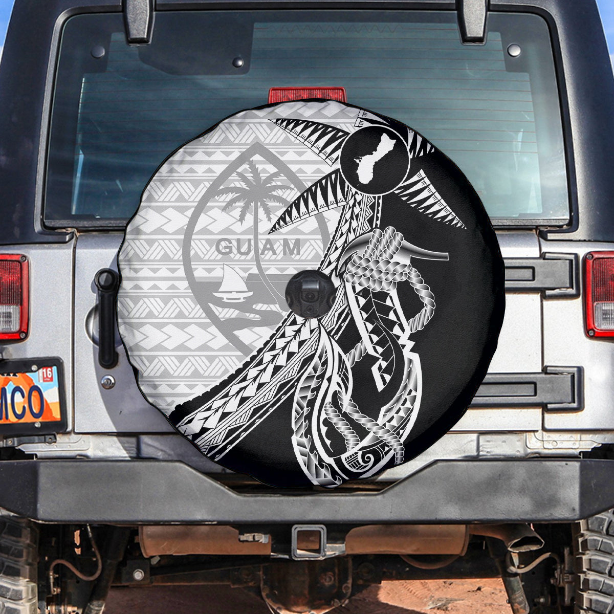 Guam Fish Hook and Palm Tree Spare Tire Cover Polynesian Pattern Half Style