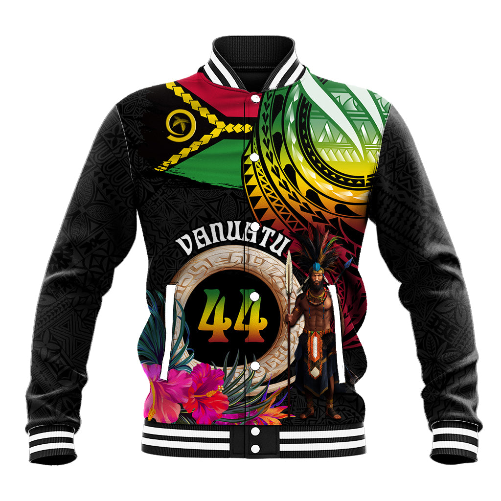 Personalised Vanuatu 44th Anniversary Baseball Jacket Boars Tusk and Melanesian Warrior Indipendens Dei