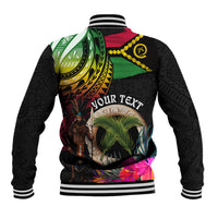 Personalised Vanuatu 44th Anniversary Baseball Jacket Boars Tusk and Melanesian Warrior Indipendens Dei