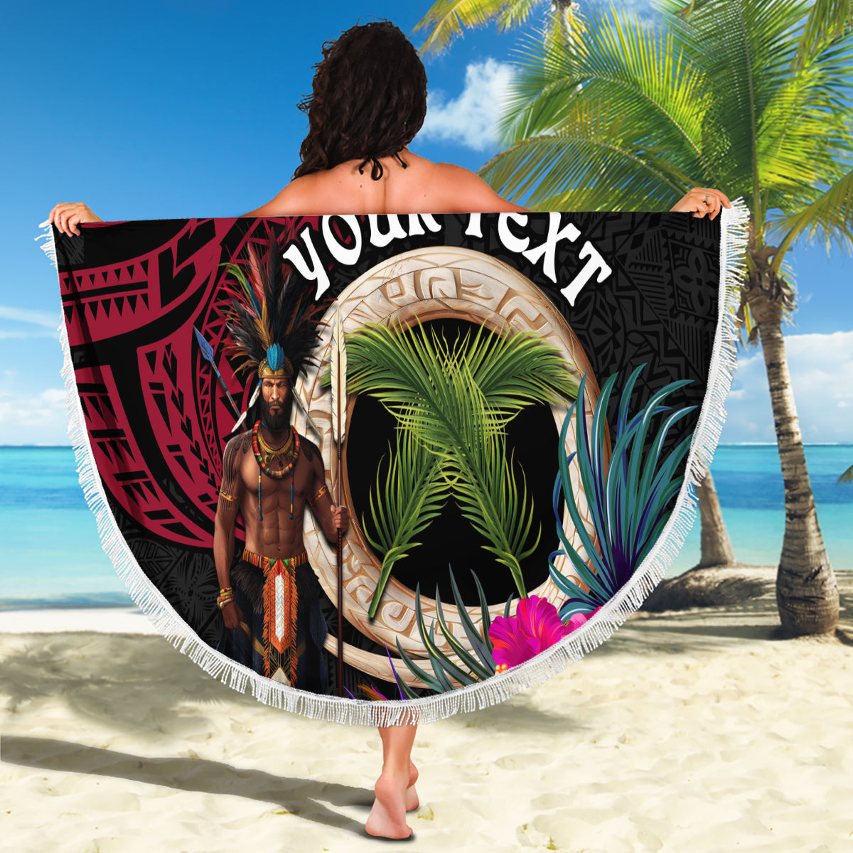 Personalised Vanuatu 44th Anniversary Beach Blanket Boars Tusk and Melanesian Warrior Indipendens Dei LT03 - Polynesian Pride