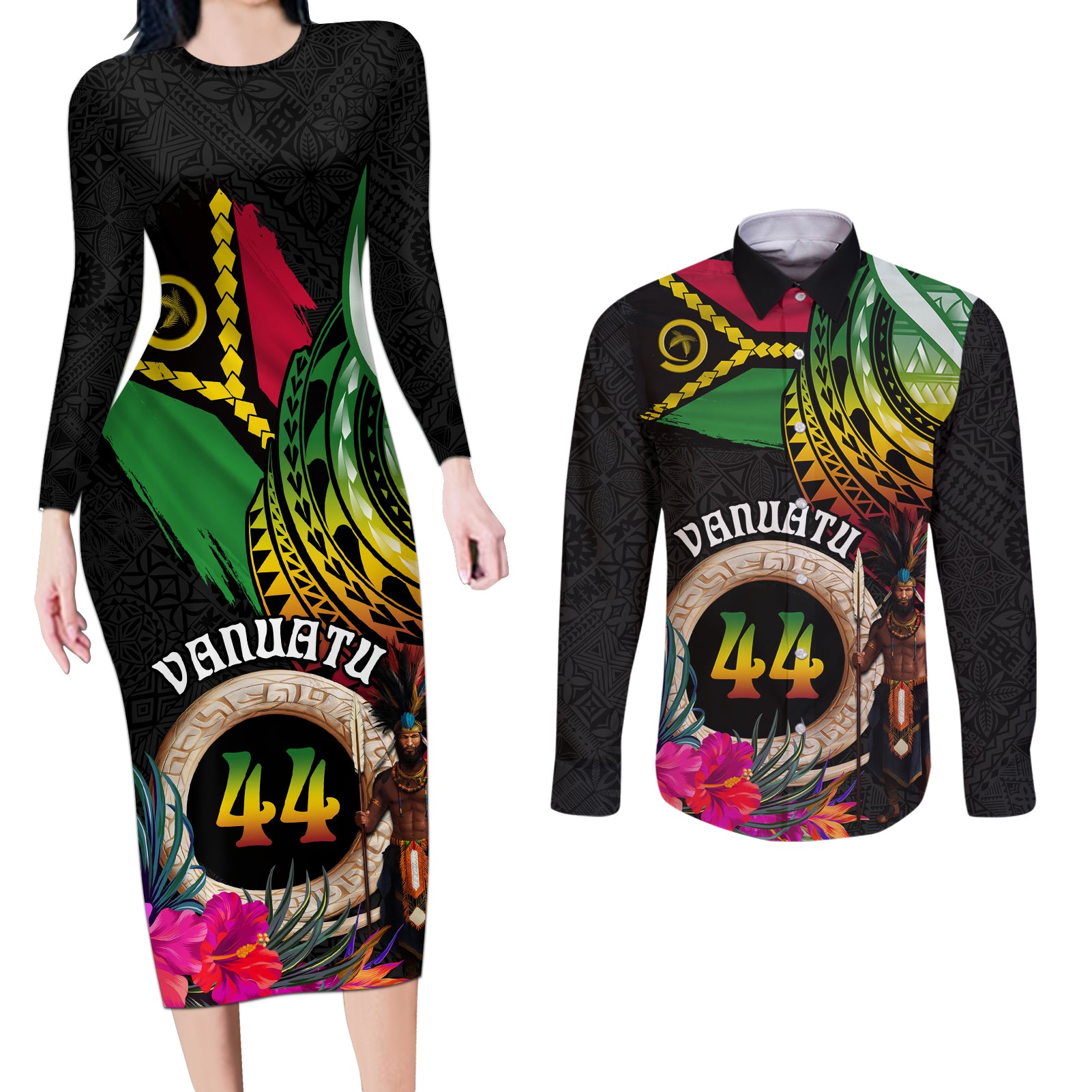 Personalised Vanuatu 44th Anniversary Couples Matching Long Sleeve Bodycon Dress and Long Sleeve Button Shirt Boars Tusk and Melanesian Warrior Indipendens Dei