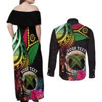 Personalised Vanuatu 44th Anniversary Couples Matching Off Shoulder Maxi Dress and Long Sleeve Button Shirt Boars Tusk and Melanesian Warrior Indipendens Dei