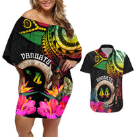 Personalised Vanuatu 44th Anniversary Couples Matching Off Shoulder Short Dress and Hawaiian Shirt Boars Tusk and Melanesian Warrior Indipendens Dei