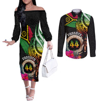 Personalised Vanuatu 44th Anniversary Couples Matching Off The Shoulder Long Sleeve Dress and Long Sleeve Button Shirt Boars Tusk and Melanesian Warrior Indipendens Dei