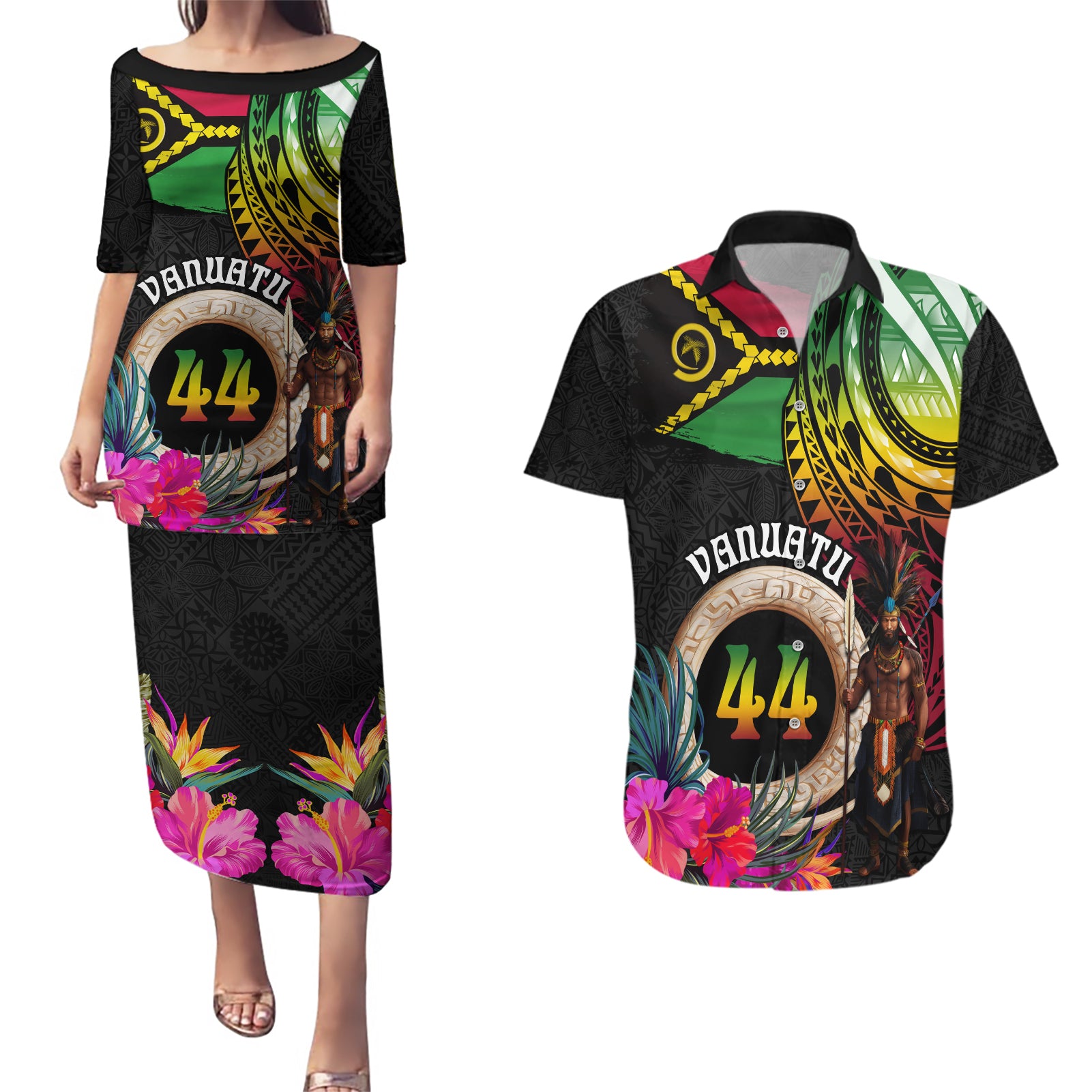 Personalised Vanuatu 44th Anniversary Couples Matching Puletasi and Hawaiian Shirt Boars Tusk and Melanesian Warrior Indipendens Dei