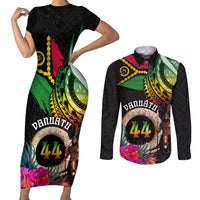 Personalised Vanuatu 44th Anniversary Couples Matching Short Sleeve Bodycon Dress and Long Sleeve Button Shirt Boars Tusk and Melanesian Warrior Indipendens Dei