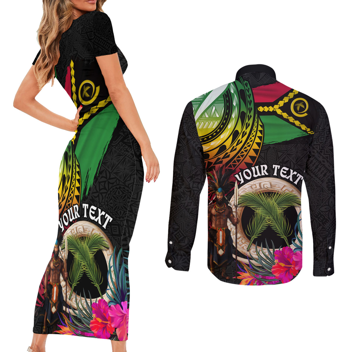 Personalised Vanuatu 44th Anniversary Couples Matching Short Sleeve Bodycon Dress and Long Sleeve Button Shirt Boars Tusk and Melanesian Warrior Indipendens Dei