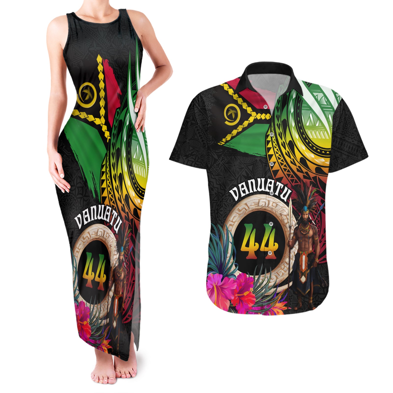 Personalised Vanuatu 44th Anniversary Couples Matching Tank Maxi Dress and Hawaiian Shirt Boars Tusk and Melanesian Warrior Indipendens Dei